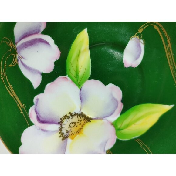 Silver China Occupied Japan Green Hand Painted Flowers Gold Trim Saucer Set Of 3 - Picture 6 of 10